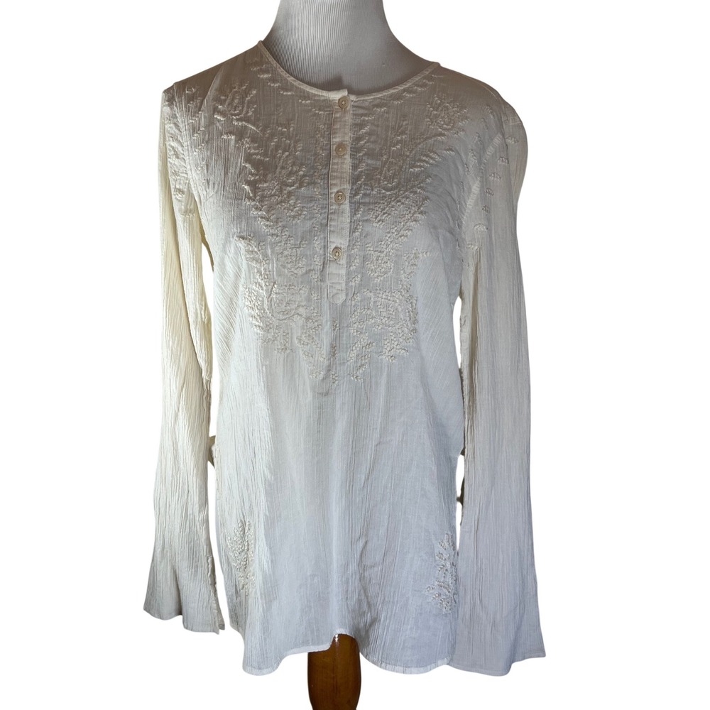 Vintage Y2K Boho Abercrombie Fitch Embroidered Cotton Tunic‎ Blouse Cream Size M